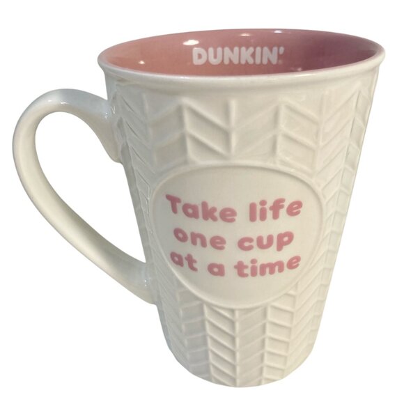 Dunkin' Donuts Ceramic Coffee Cup Take Life One Cup At a Time Pink White - Picture 1 of 10